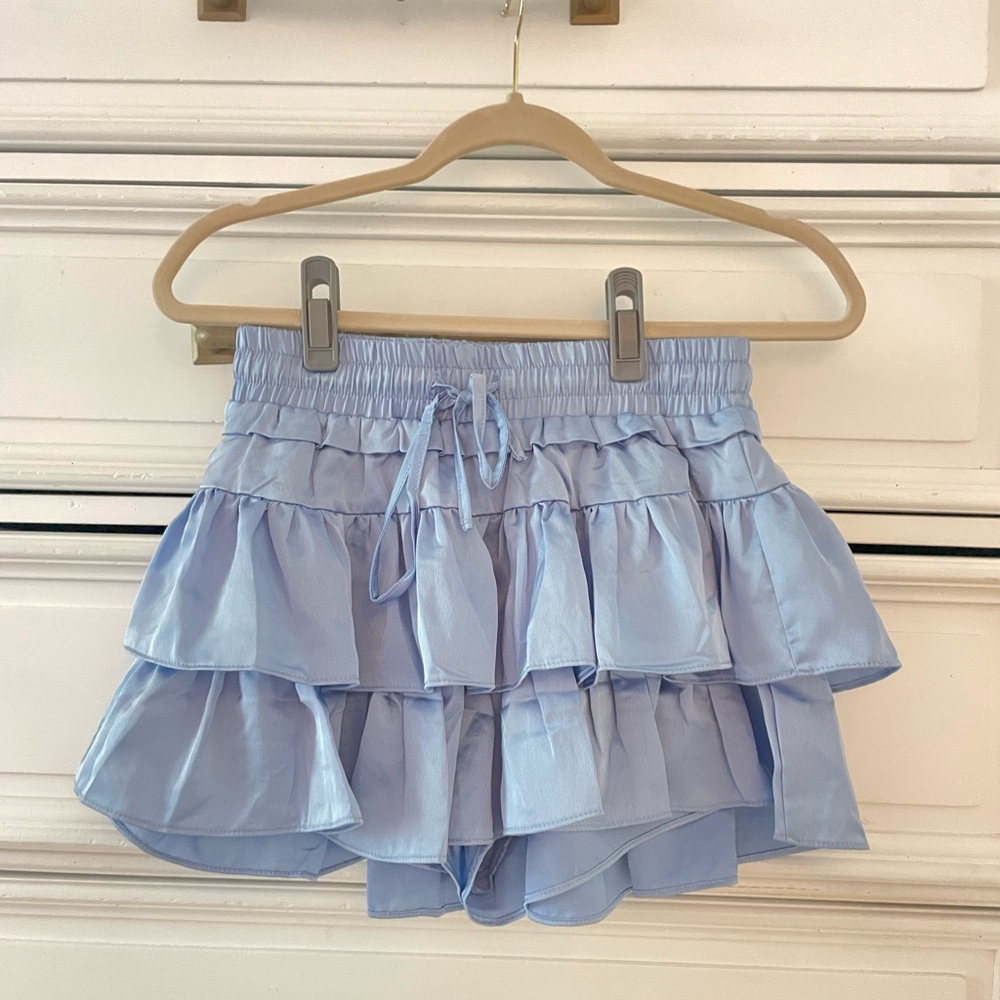 Powder blue satin ruffle mini skirt size small